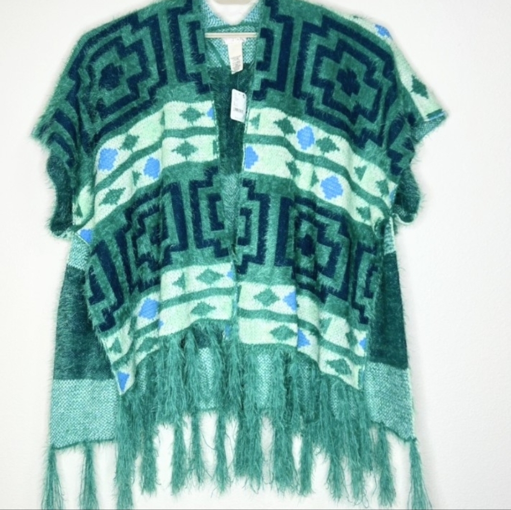 Free People Boho Kimono Poncho Diamondback Design Emerald Blue OS 36.5"W 32"LNew - Picture 4 of 10